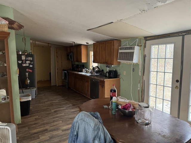 kitchen featuring appliances with stainless steel finishes, dark hardwood / wood-style flooring, a wall mounted AC, and sink