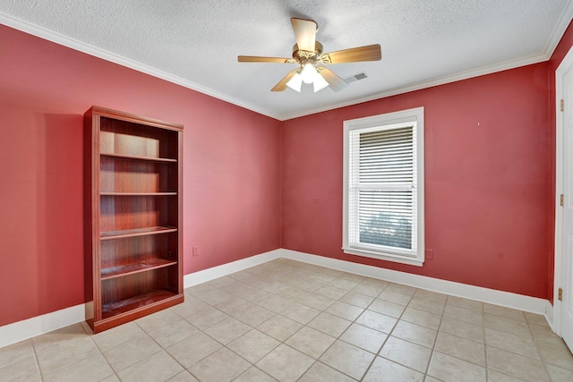 unfurnished room with crown molding, a textured ceiling, and ceiling fan