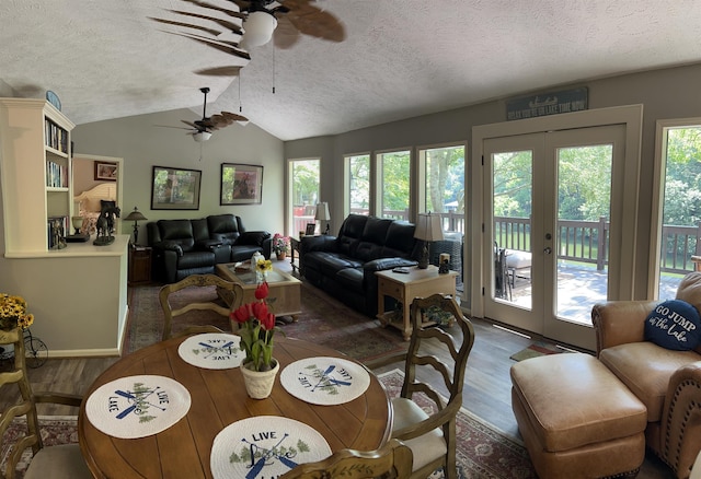 dining space featuring french doors, dark hardwood / wood-style floors, and a textured ceiling