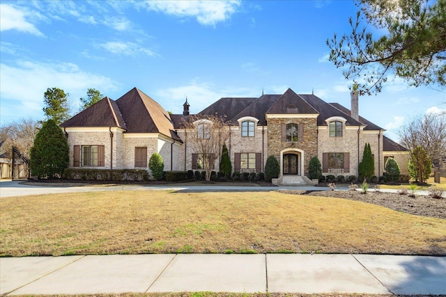 french country inspired facade with a front lawn