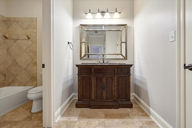 full bathroom with washtub / shower combination, toilet, and vanity