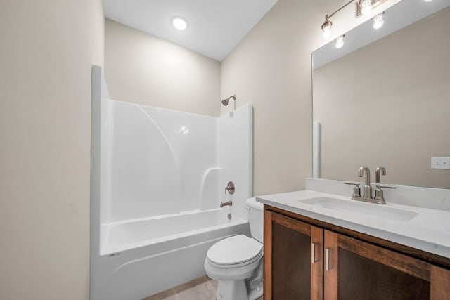 full bathroom with shower / bath combination, toilet, tile patterned floors, and vanity