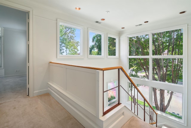 hall featuring ornamental molding and light carpet