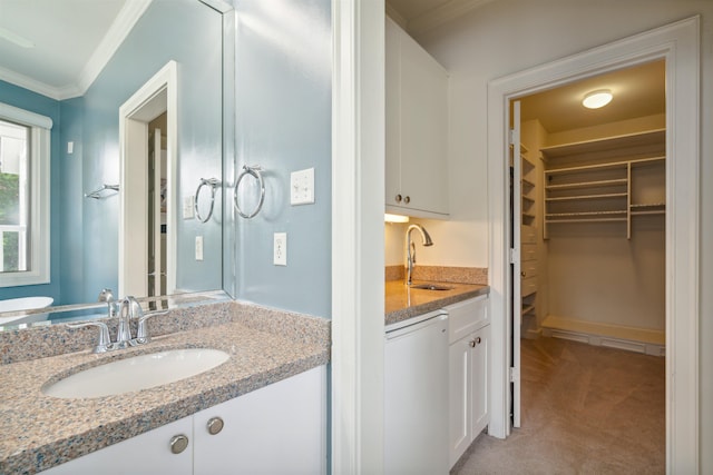 bathroom with vanity and ornamental molding