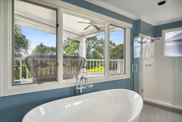 bathroom with crown molding, a healthy amount of sunlight, plus walk in shower, and ceiling fan