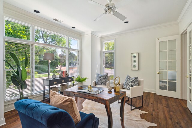 interior space with ceiling fan, crown molding, dark hardwood / wood-style floors, and plenty of natural light