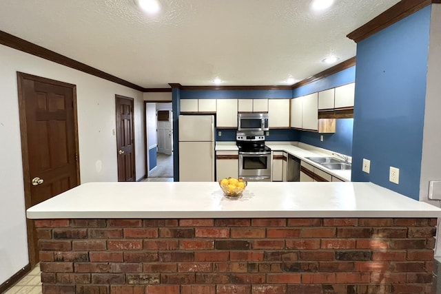 kitchen featuring sink, crown molding, a textured ceiling, kitchen peninsula, and stainless steel appliances