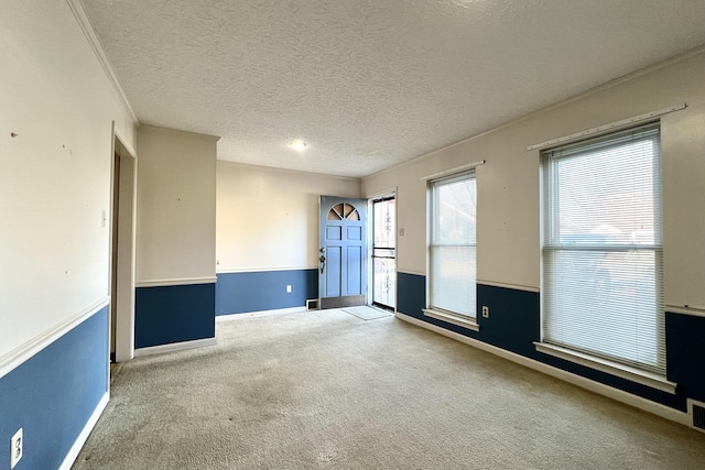 spare room with crown molding, light colored carpet, and a textured ceiling