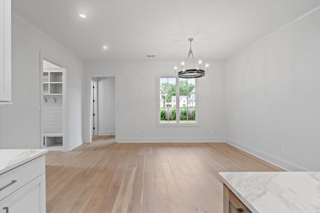 9170 Old Green Ln, Germantown, TN 38138 - unfurnished dining area with ornamental molding, a chandelier, light wood finished floors, and recessed lighting