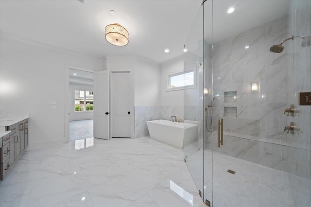9170 Old Green Ln, Germantown, TN 38138 - bathroom featuring a marble finish shower, plenty of natural light, a soaking tub, marble finish floors, and recessed lighting