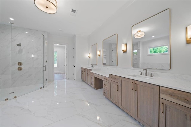 9170 Old Green Ln, Germantown, TN 38138 - full bath featuring marble tiled floors, a marble finish shower, and vanity