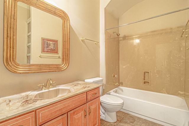 full bathroom featuring vanity, shower / tub combination, tile patterned floors, and toilet