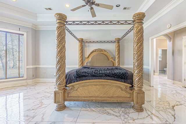 bedroom with crown molding and ceiling fan