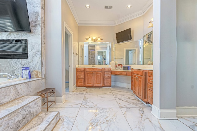 bathroom featuring tiled tub, vanity, and ornamental molding