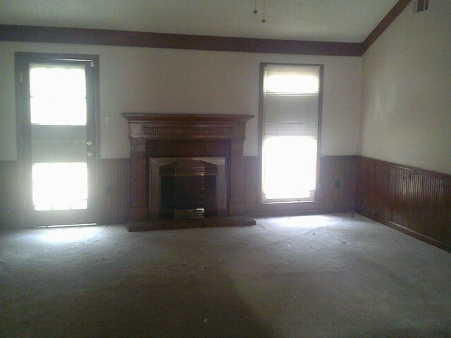 unfurnished living room with carpet flooring and a wealth of natural light