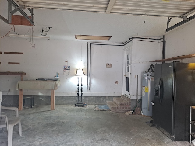 garage with black fridge with ice dispenser and water heater