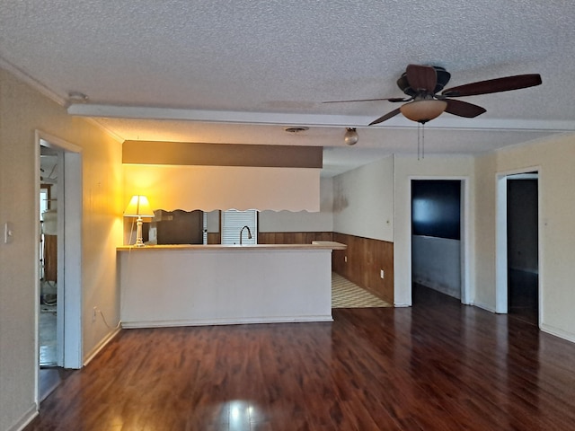 kitchen with sink, dark wood-type flooring, a textured ceiling, and wood walls