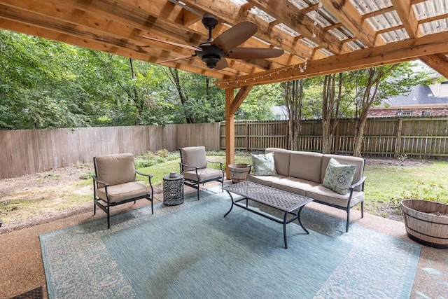 view of patio / terrace featuring an outdoor living space, ceiling fan, and a pergola