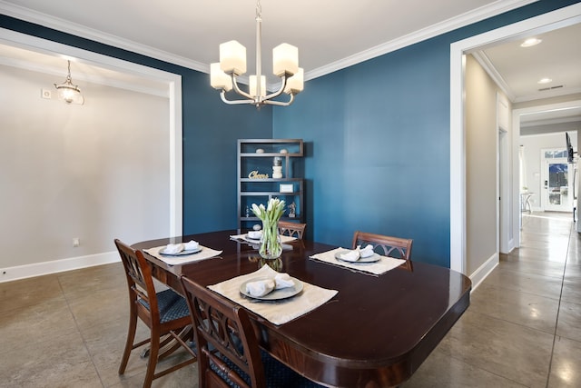 dining space with ornamental molding, tile patterned floors, and an inviting chandelier