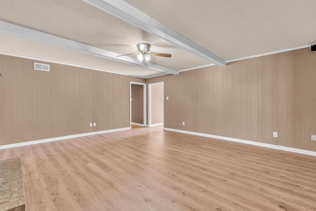 spare room with beam ceiling, light hardwood / wood-style flooring, a textured ceiling, and ceiling fan