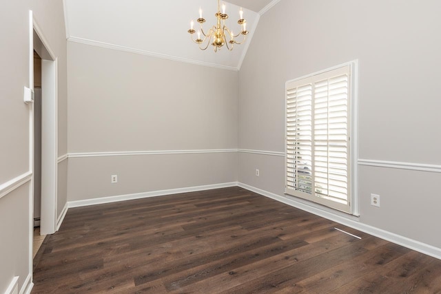 empty room with crown molding, lofted ceiling, a chandelier, and dark hardwood / wood-style flooring