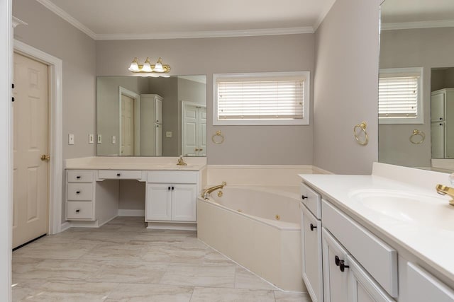 bathroom featuring vanity, a washtub, and crown molding