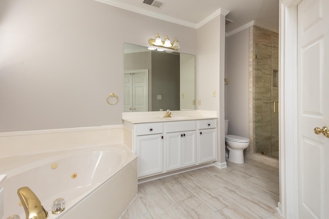 full bathroom featuring vanity, separate shower and tub, ornamental molding, and toilet