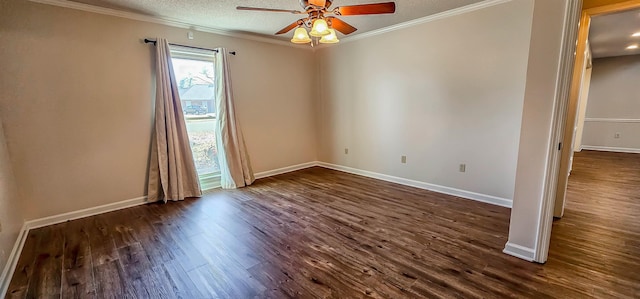 spare room with dark wood-type flooring, ceiling fan, crown molding, and a textured ceiling