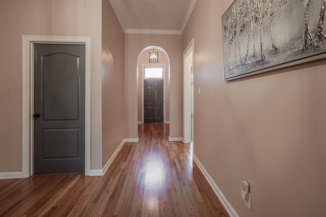 doorway to outside featuring hardwood / wood-style floors and crown molding