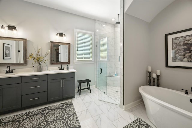 bathroom with vaulted ceiling, vanity, and separate shower and tub