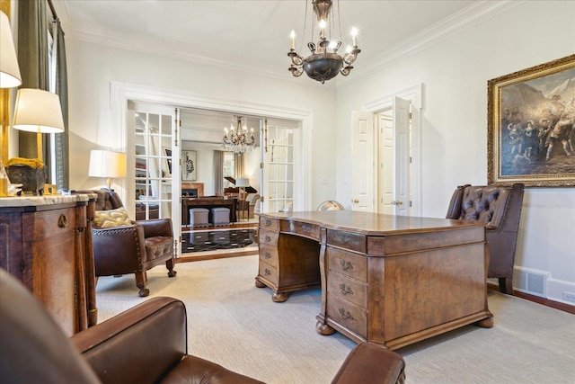 carpeted office space with an inviting chandelier and ornamental molding