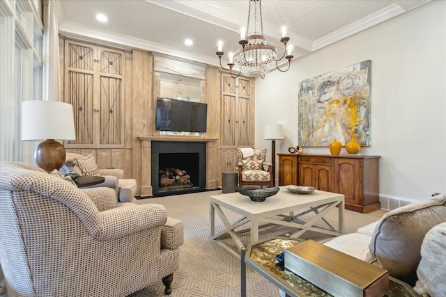 living room featuring a notable chandelier, beam ceiling, ornamental molding, and light colored carpet