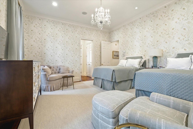 bedroom with crown molding and a chandelier