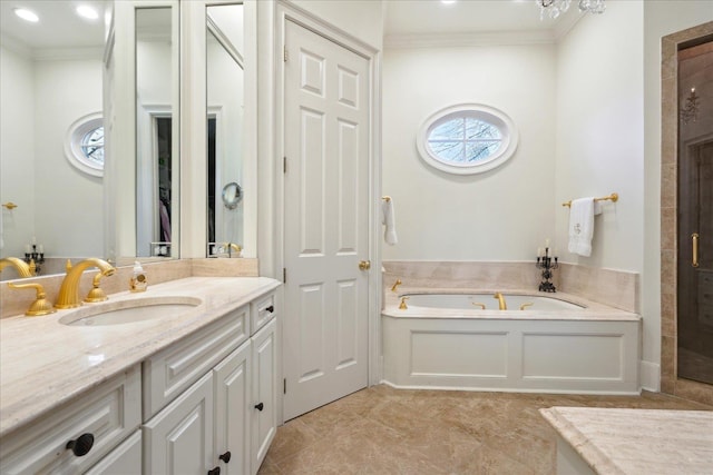 bathroom with ornamental molding, separate shower and tub, and vanity