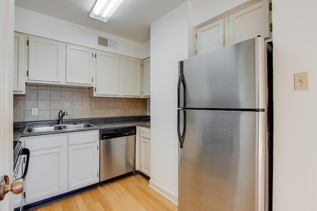 kitchen with sink, white cabinetry, appliances with stainless steel finishes, light hardwood / wood-style floors, and backsplash