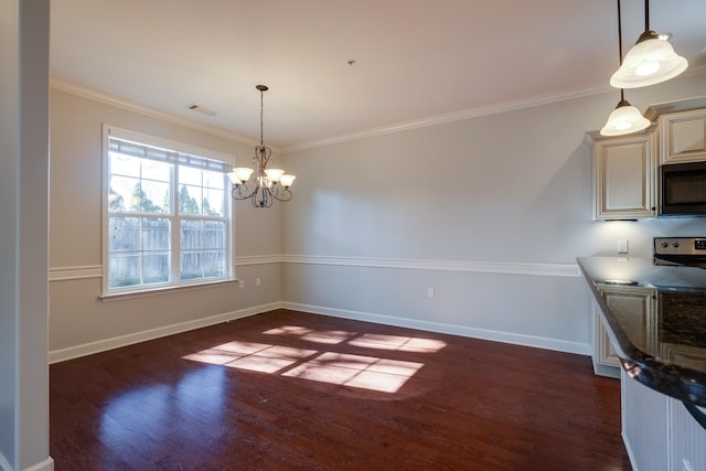 unfurnished dining area with ornamental molding, dark hardwood / wood-style flooring, and a chandelier