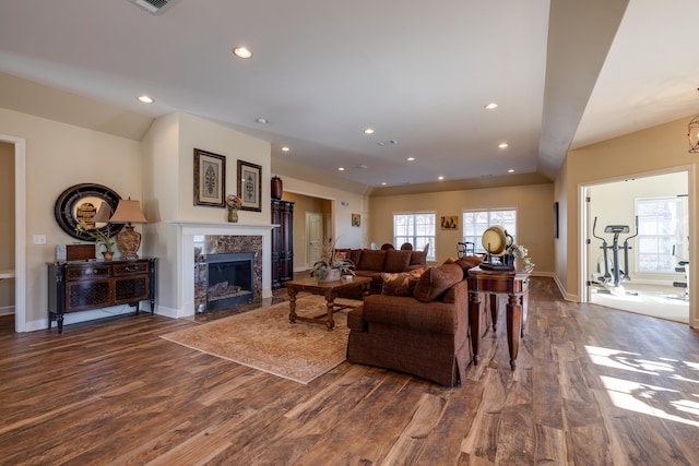 living room featuring wood-type flooring and a fireplace