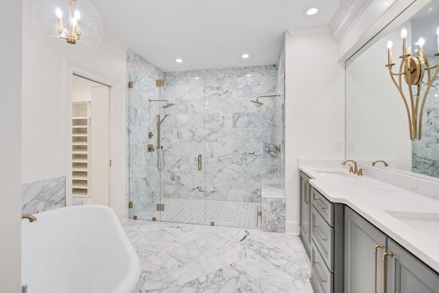 bathroom with vanity and separate shower and tub