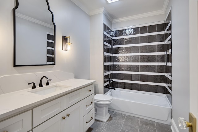 full bathroom featuring vanity, ornamental molding, toilet, and tiled shower / bath