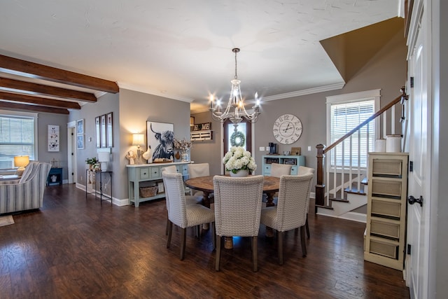 dining space featuring dark hardwood / wood-style flooring, ornamental molding, beam ceiling, and a chandelier