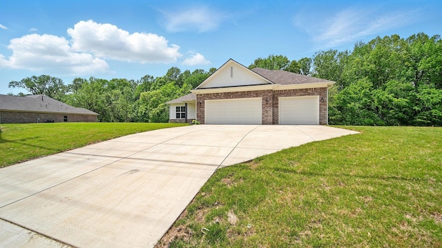 view of front facade with concrete driveway, a garage, a front lawn, and brick siding
