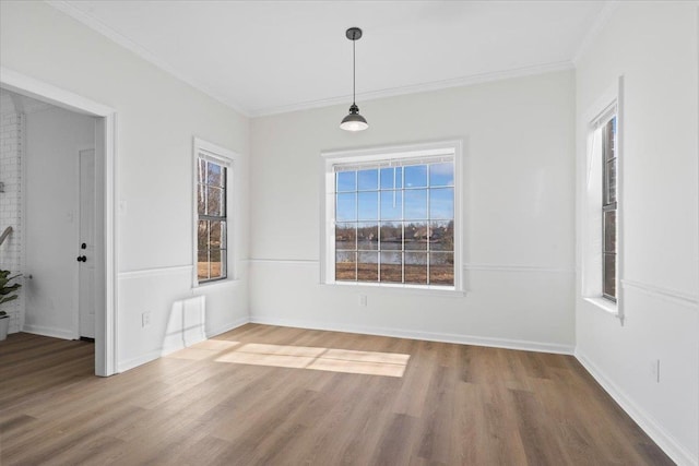 interior space with ornamental molding and hardwood / wood-style floors