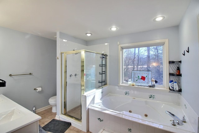 full bathroom featuring toilet, tile patterned floors, vanity, and shower with separate bathtub