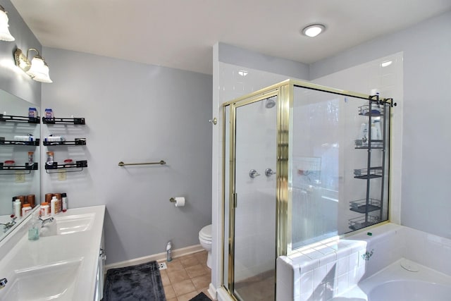 full bathroom featuring toilet, tile patterned floors, vanity, and shower with separate bathtub