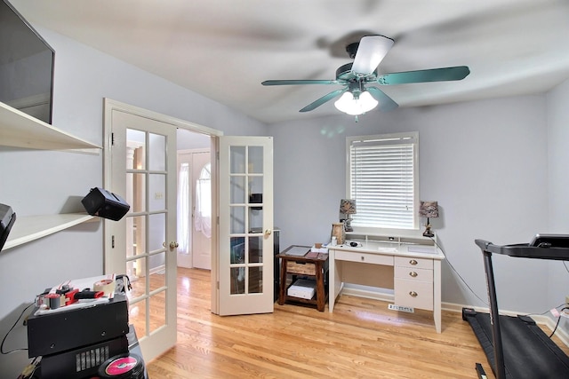 office area with french doors, ceiling fan, light hardwood / wood-style floors, and a wealth of natural light