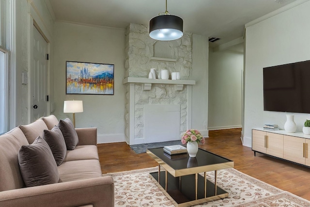 living room with crown molding, hardwood / wood-style floors, and a fireplace