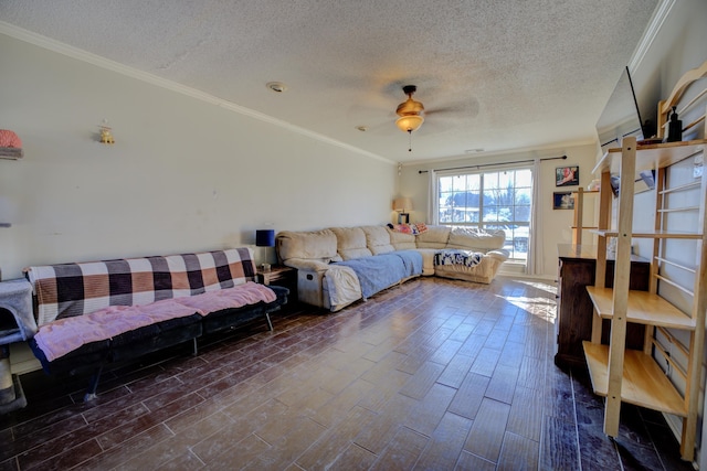 living room featuring ceiling fan, ornamental molding, and a textured ceiling