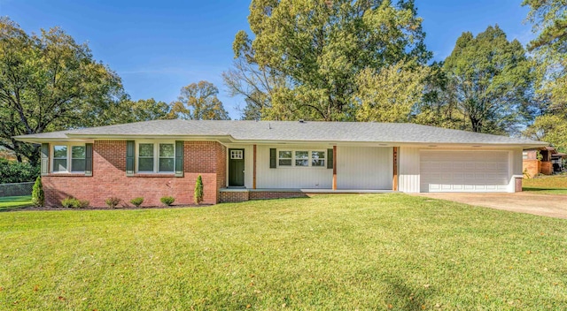 ranch-style house with a garage and a front yard