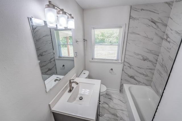 full bathroom with vanity, a notable chandelier, washtub / shower combination, and toilet