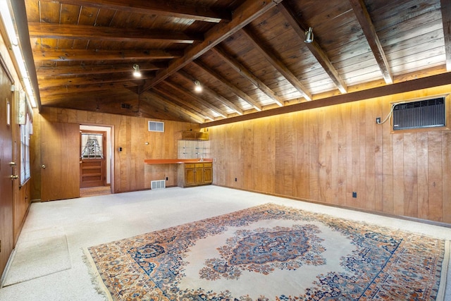 living room featuring wood walls, carpet flooring, wood ceiling, visible vents, and a wall mounted AC